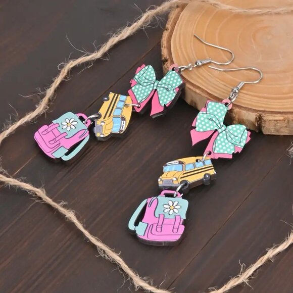 (5/$25‎ SALE ✅) 2D Theme Wooden Ear Art School Bus Backpack Dangle Drop Earrings - Picture 6 of 6
